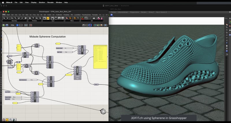 Grasshopper interface by 3DFit showing parametric setup and 3D shoe midsole designed with Spherene lattice. Grasshopper interface by 3DFit showing parametric setup and 3D shoe midsole designed with Spherene lattice.